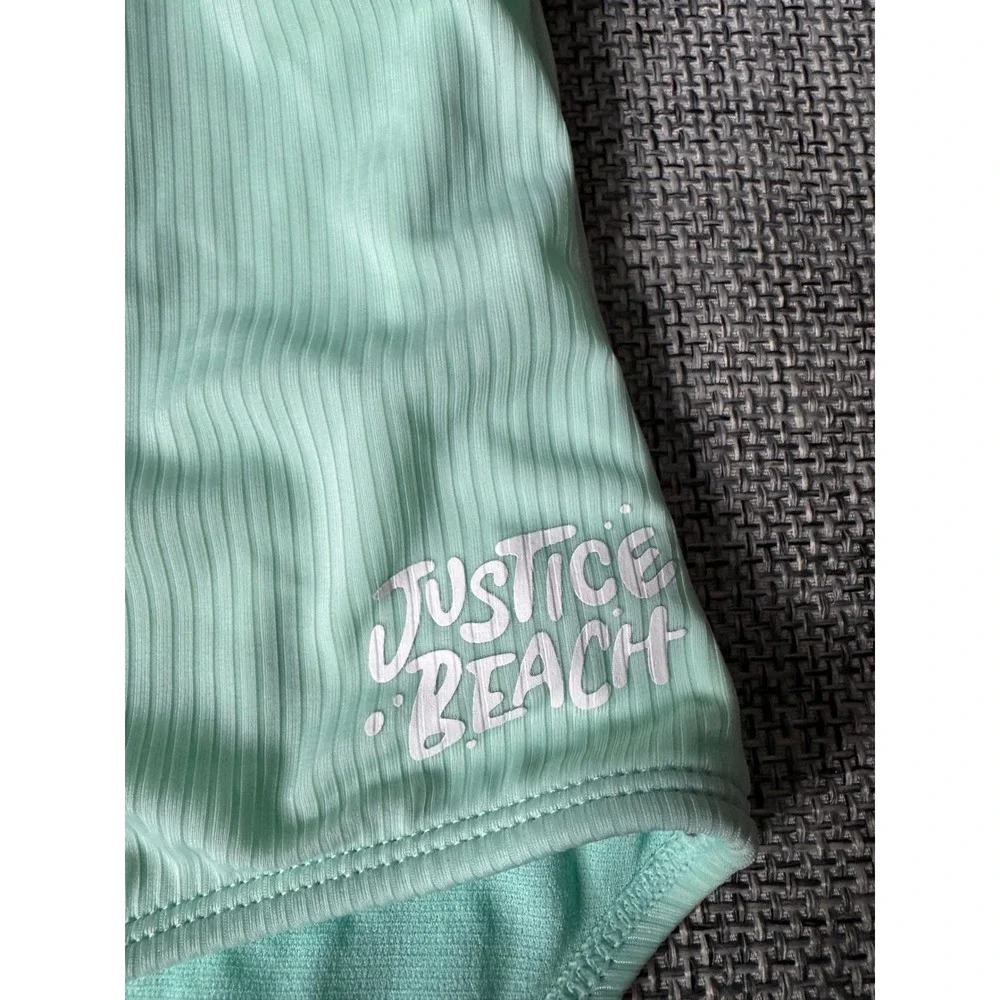 Justice Beach Girls One Piece Swimsuit Purple Mint Ribbed Ruched Halter XL 14/16